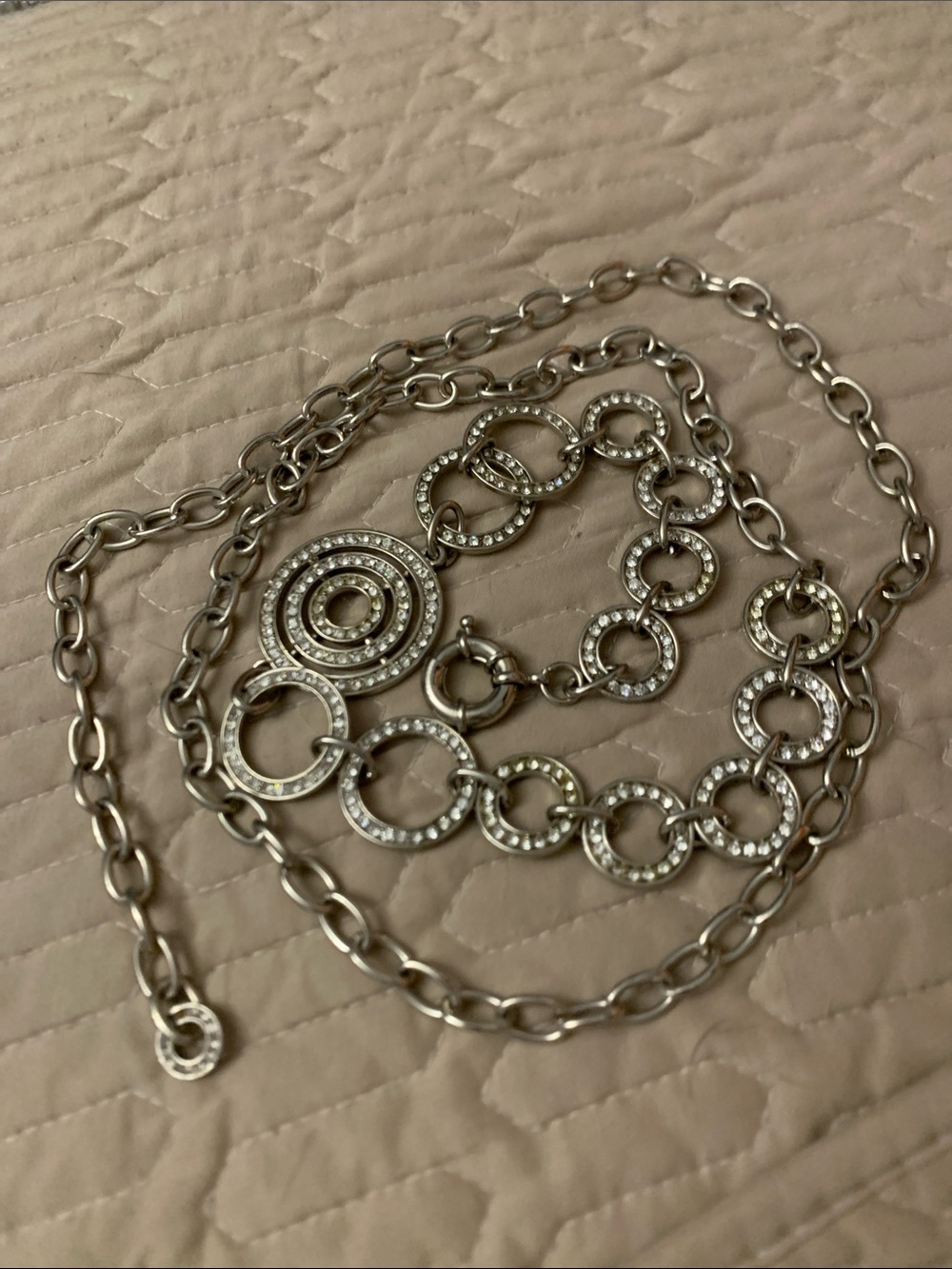Rhinestone-Accented Silver Chain Belt 52” L